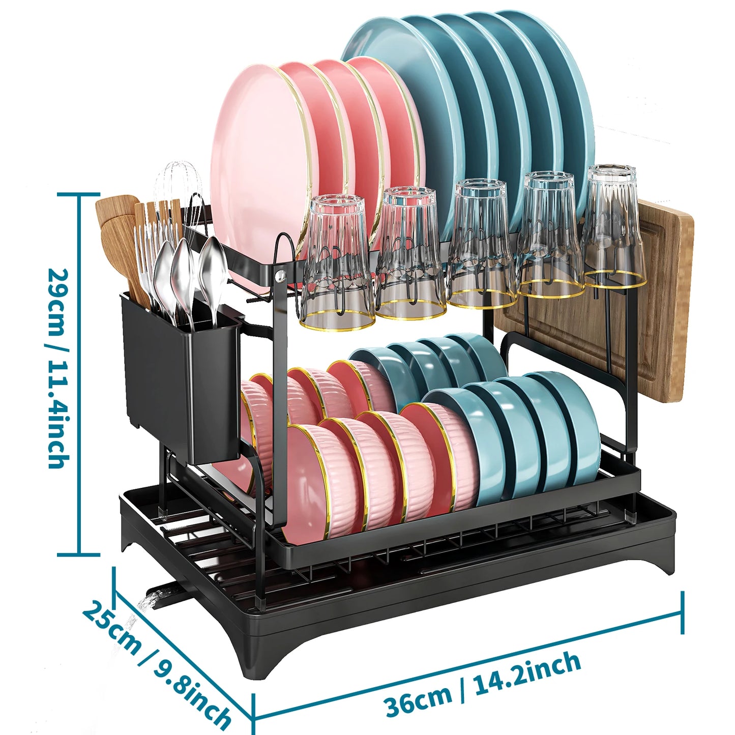 A35 double layer dish drying rack with cutlery rack and drain board