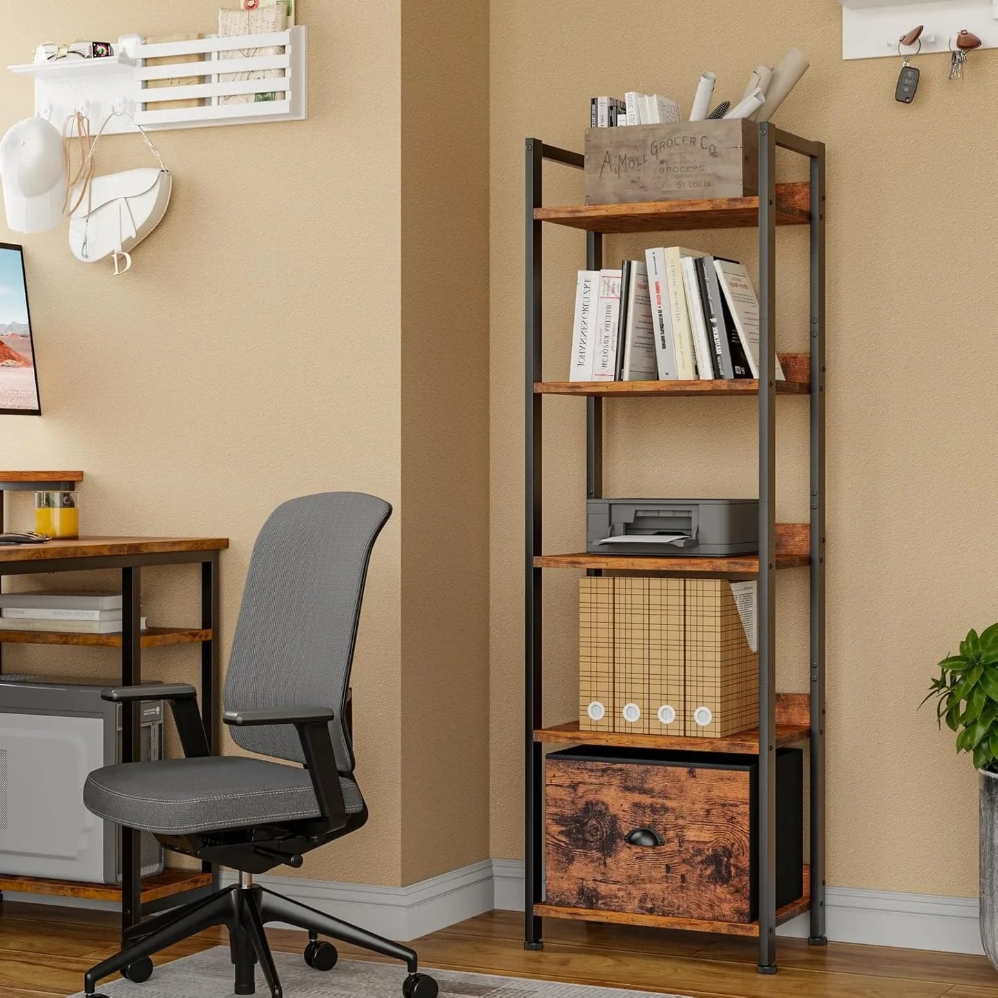 A88 drawer bookcase, tall narrow bookcase with shelves, wooden and metal bookcase, storage organizer