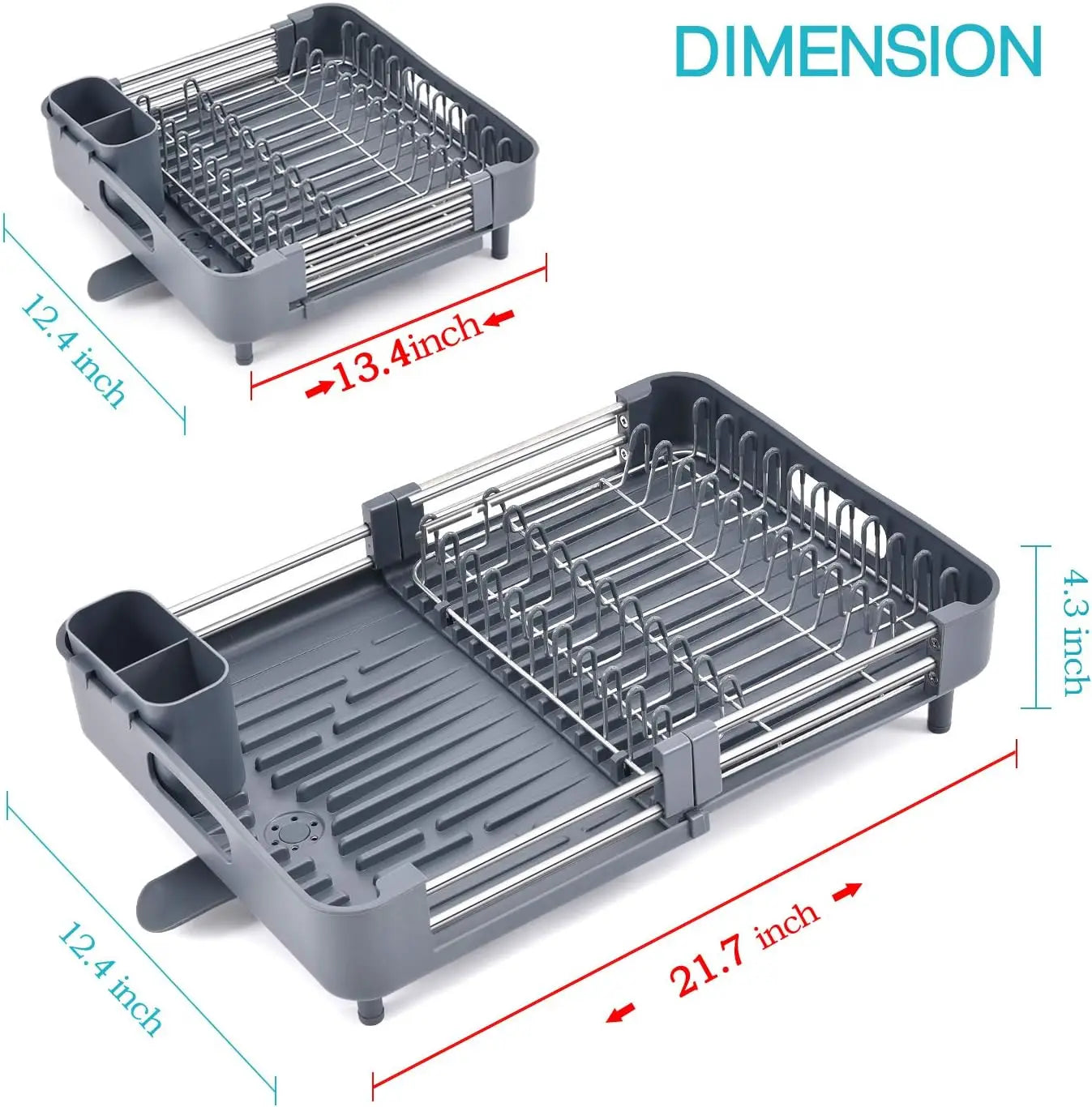 S65-70 Kitchen Countertop Dish Drying Rack, Retractable Dish Rack with Drain Board, Extendable Dish Draining Rack