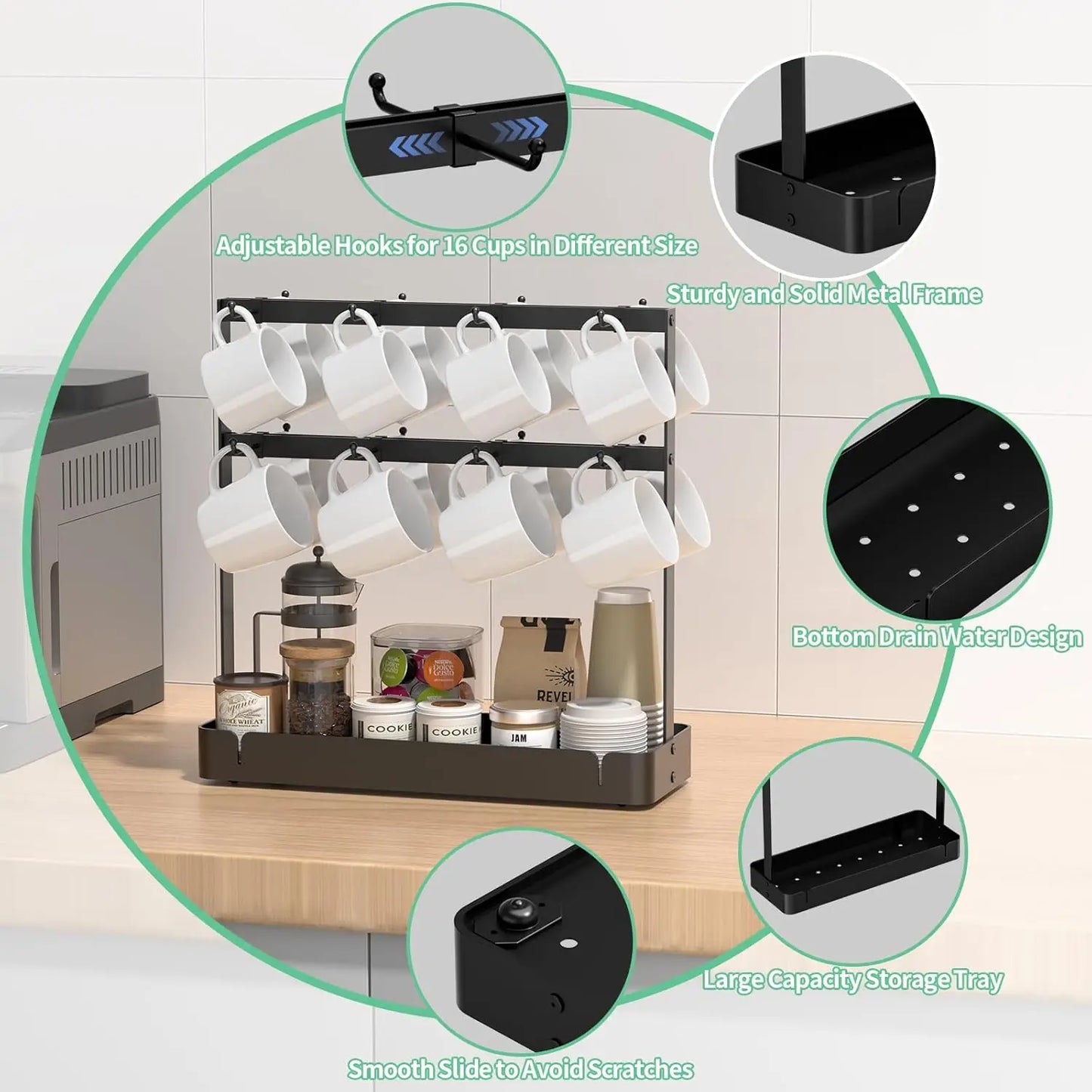 A72 Countertop coffee cup holder, mug rack with coffee pod storage base