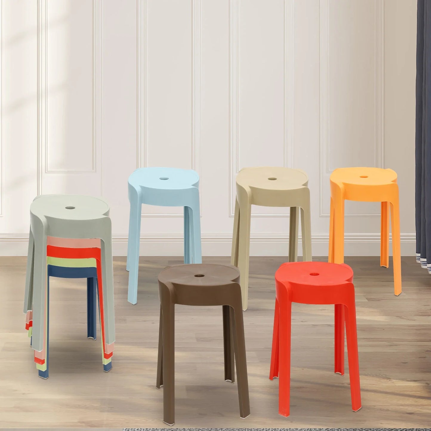 A42 18 inch plastic round stool, stackable, colorful home bench