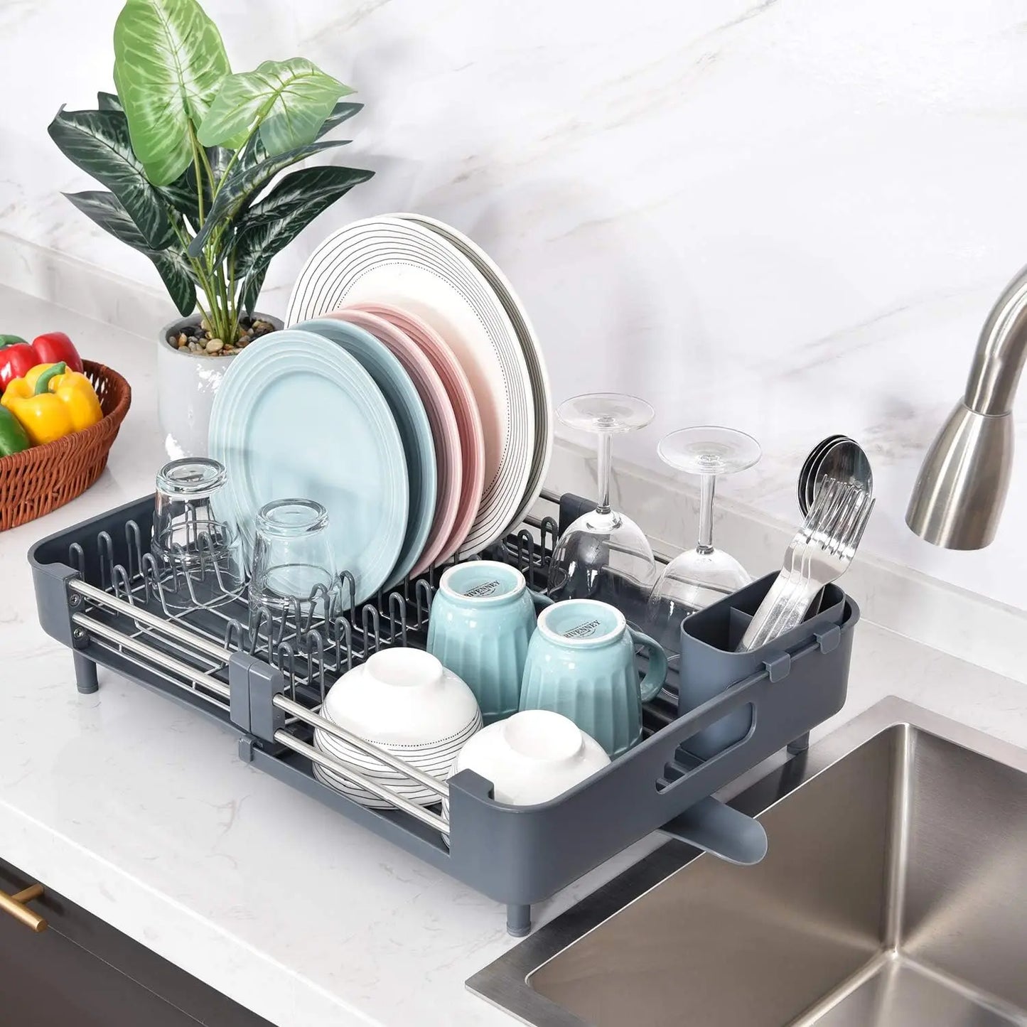 S65-70 Kitchen Countertop Dish Drying Rack, Retractable Dish Rack with Drain Board, Extendable Dish Draining Rack