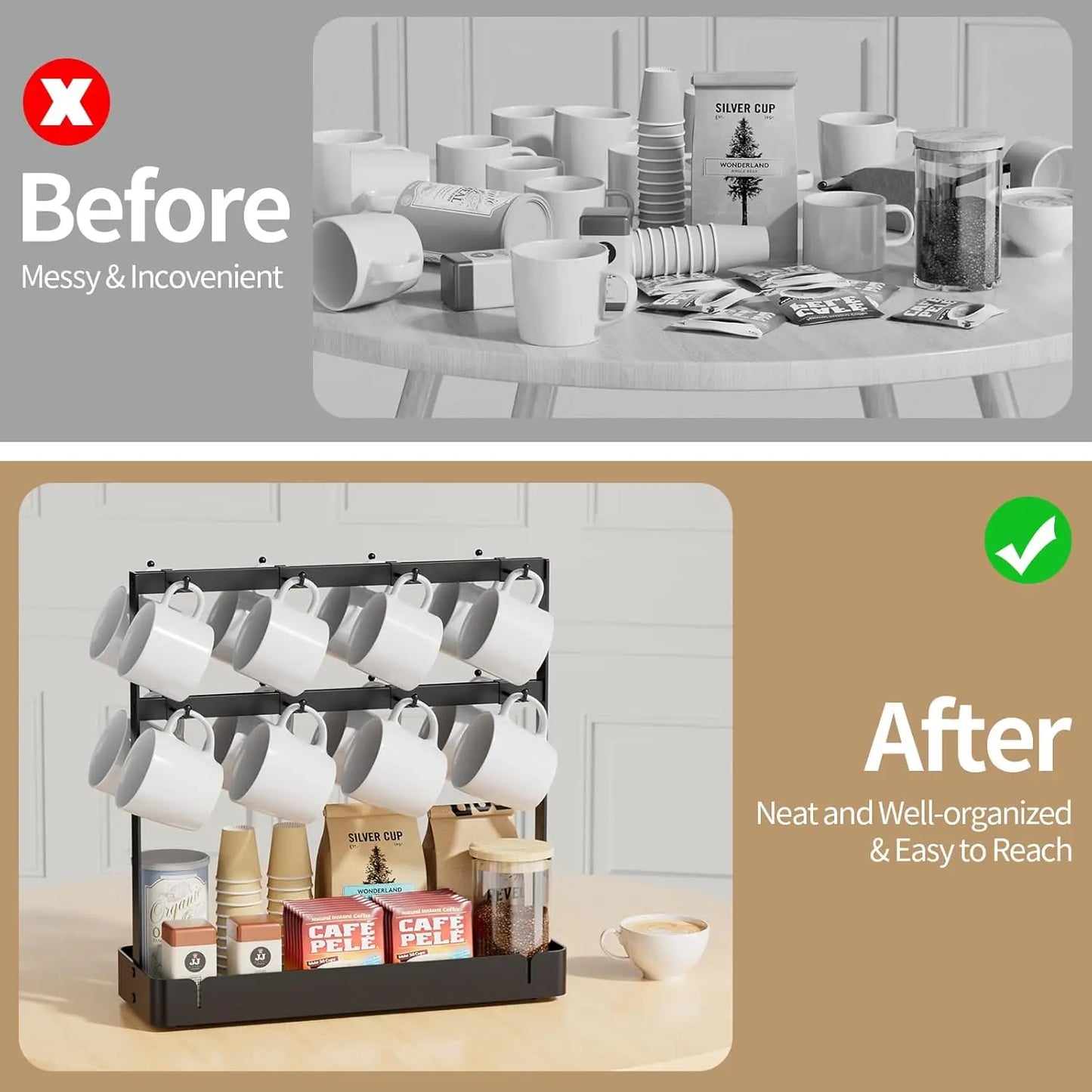 A72 Countertop coffee cup holder, mug rack with coffee pod storage base