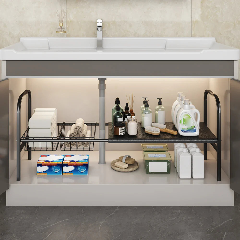 K30 Multi-purpose Kitchen Bathroom Under Sink Storage Rack with Removable Basket