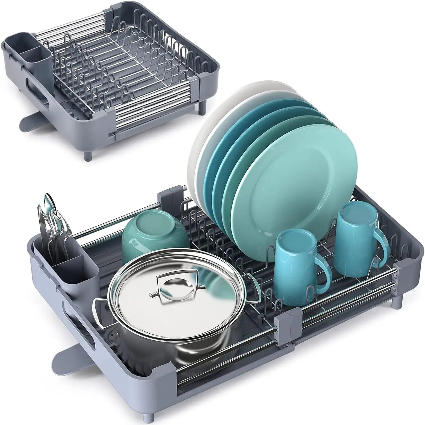 S65-70 Kitchen Countertop Dish Drying Rack, Retractable Dish Rack with Drain Board, Extendable Dish Draining Rack