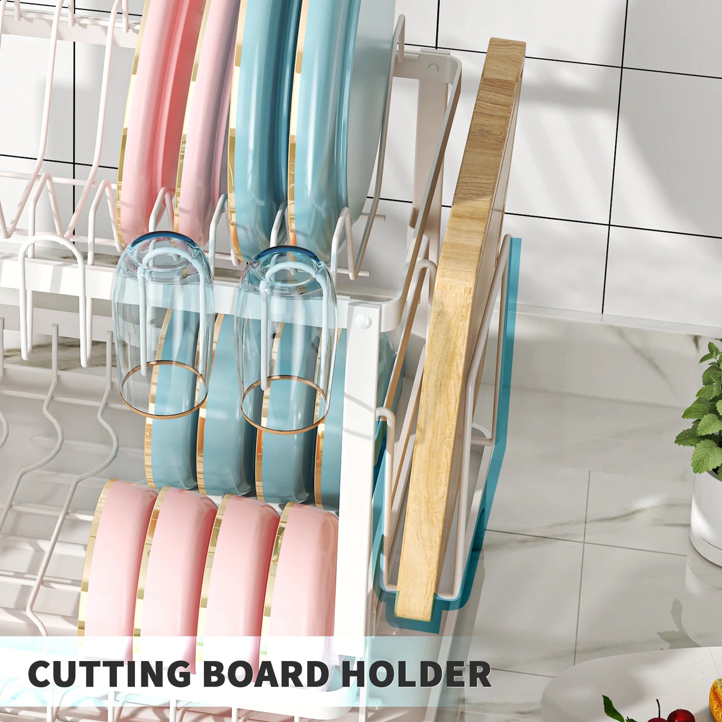 A35 double layer dish drying rack with cutlery rack and drain board