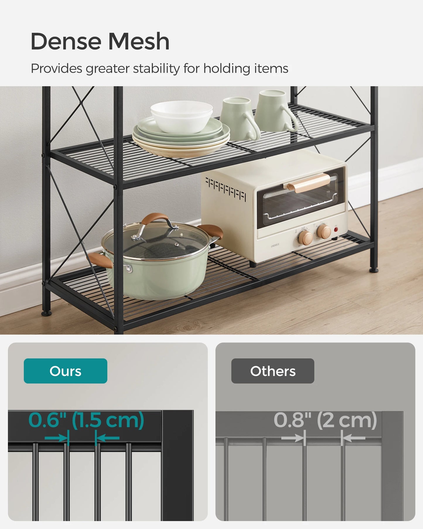 A65 Four-tier metal storage rack, shelving unit with X-shaped side frames, dense grid