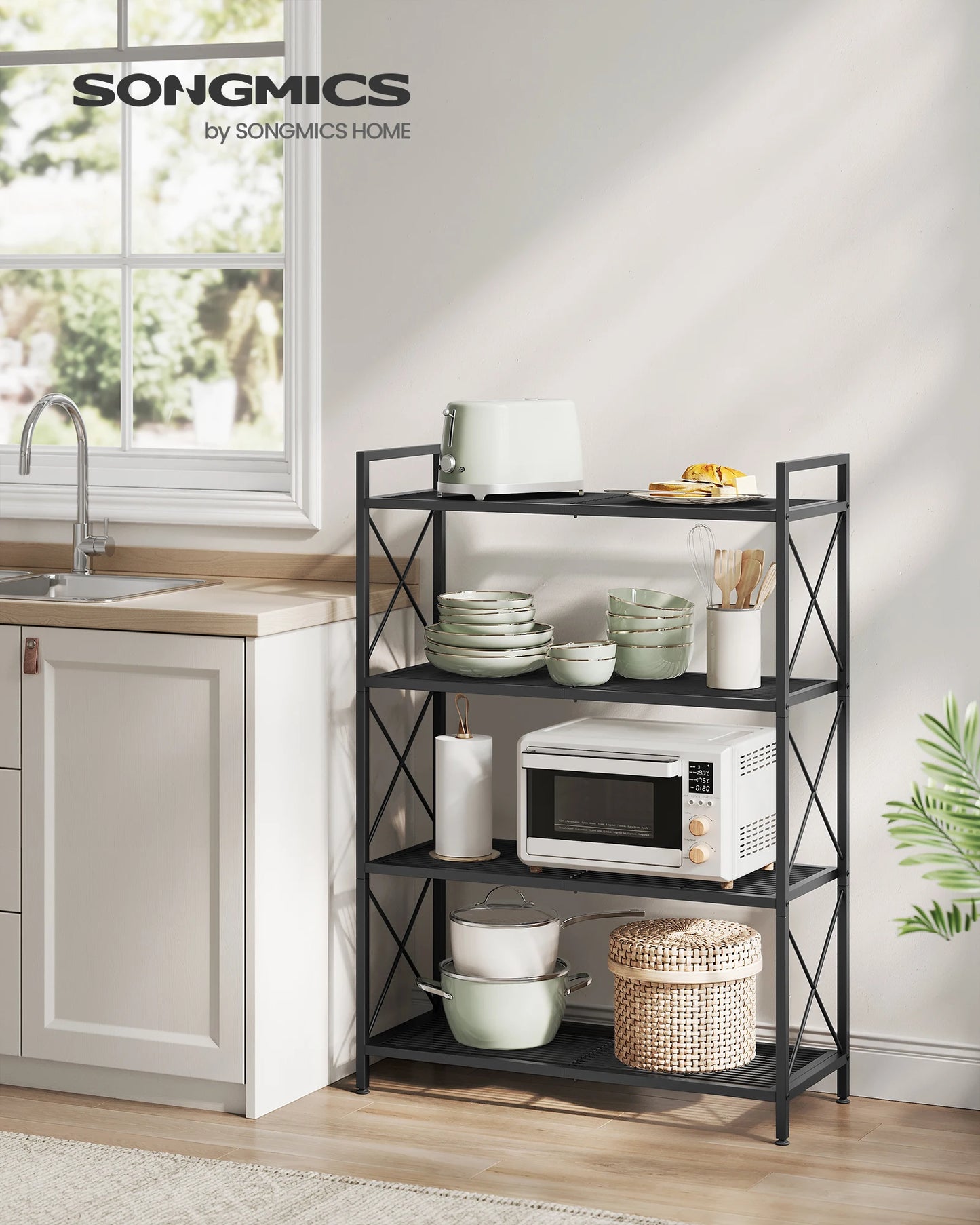 A65 Four-tier metal storage rack, shelving unit with X-shaped side frames, dense grid