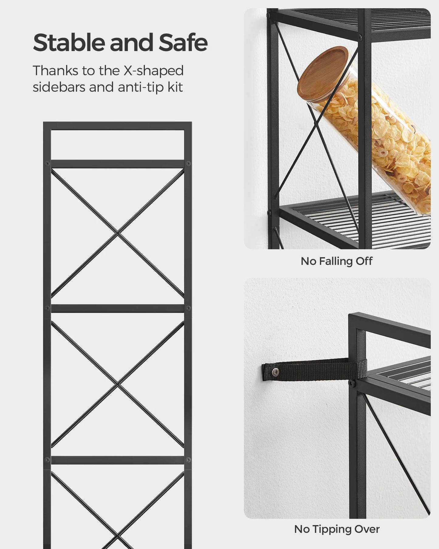 A65 Four-tier metal storage rack, shelving unit with X-shaped side frames, dense grid