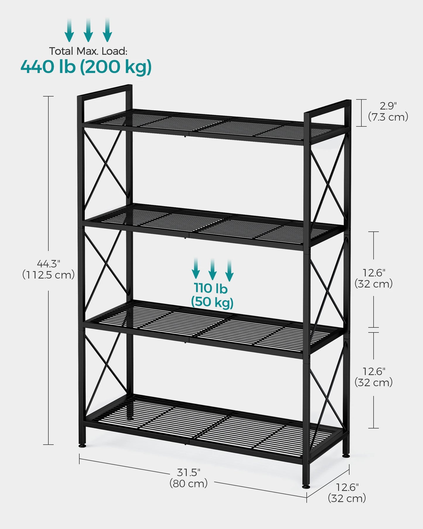 A65 Four-tier metal storage rack, shelving unit with X-shaped side frames, dense grid