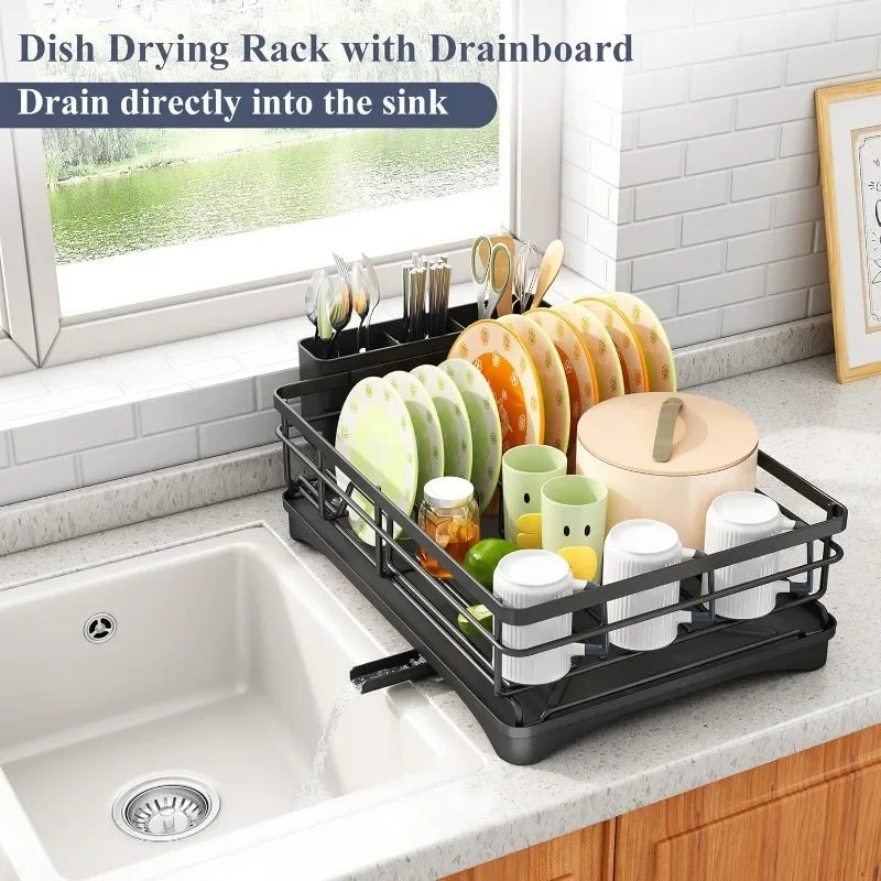 D52 Stainless Steel Dish Rack for Kitchen Counter, Large-Capacity Dish Drainer with Cutlery Holder