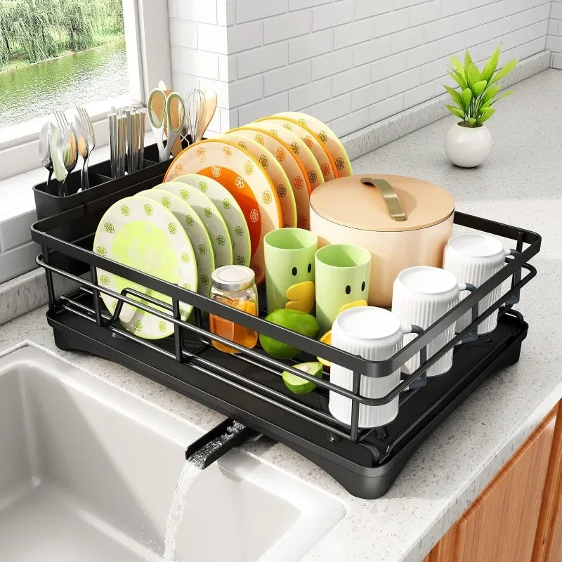 D52 Stainless Steel Dish Rack for Kitchen Counter, Large-Capacity Dish Drainer with Cutlery Holder