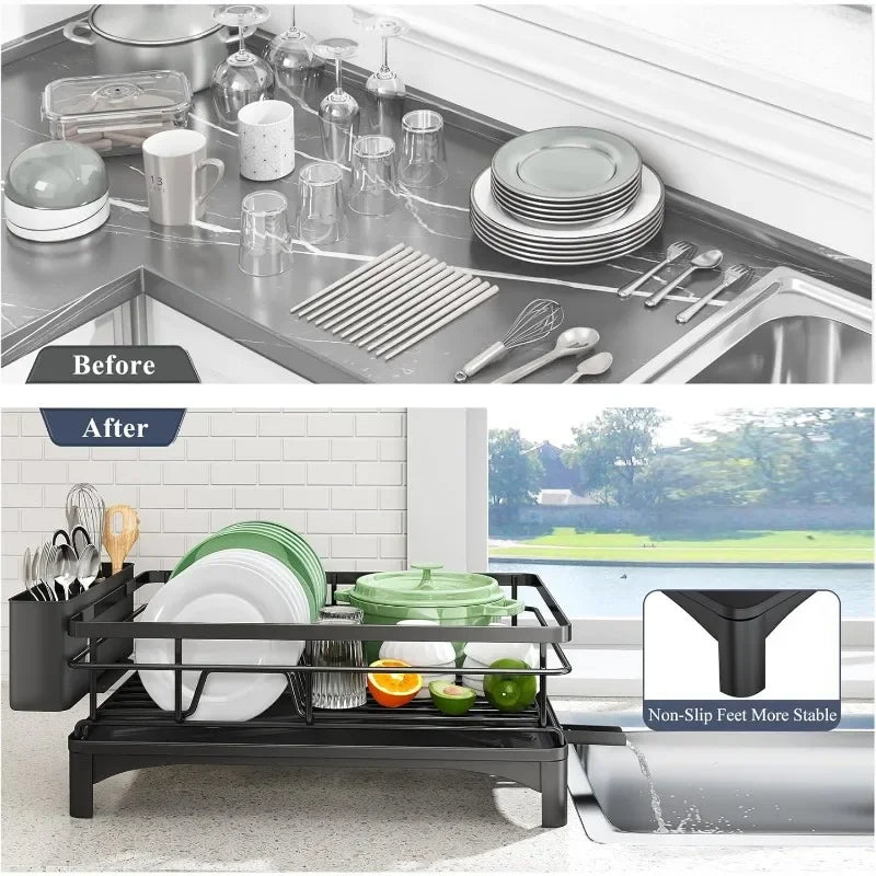 D52 Stainless Steel Dish Rack for Kitchen Counter, Large-Capacity Dish Drainer with Cutlery Holder