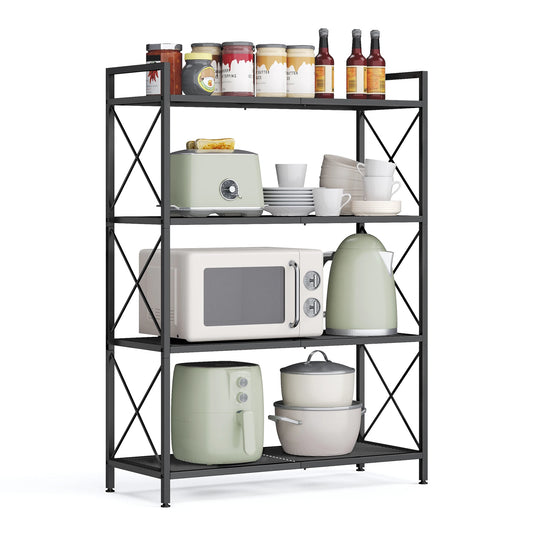 A65 Four-tier metal storage rack, shelving unit with X-shaped side frames, dense grid