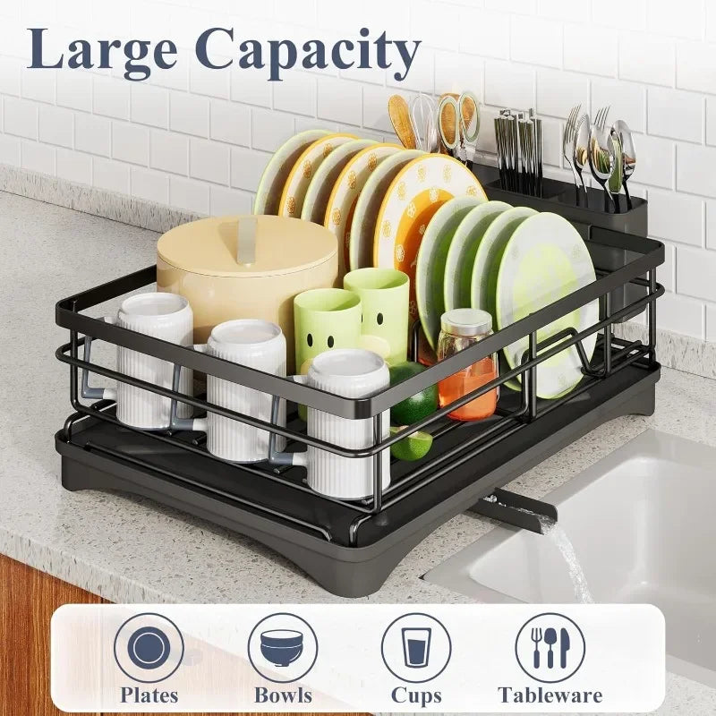 D52 Stainless Steel Dish Rack for Kitchen Counter, Large-Capacity Dish Drainer with Cutlery Holder