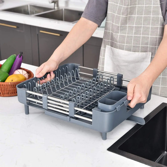 S65-70 Kitchen Countertop Dish Drying Rack, Retractable Dish Rack with Drain Board, Extendable Dish Draining Rack