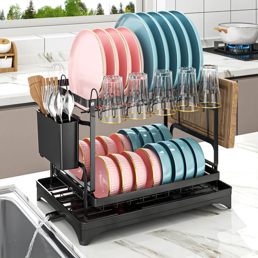 A35 double layer dish drying rack with cutlery rack and drain board