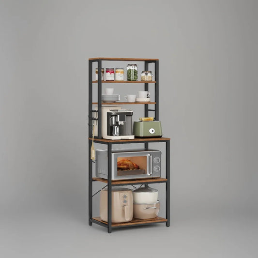 A82 Coffee Bar, 6-Layer Kitchen Shelf with 6 Hooks, Kitchen Bread Rack, Microwave Rack